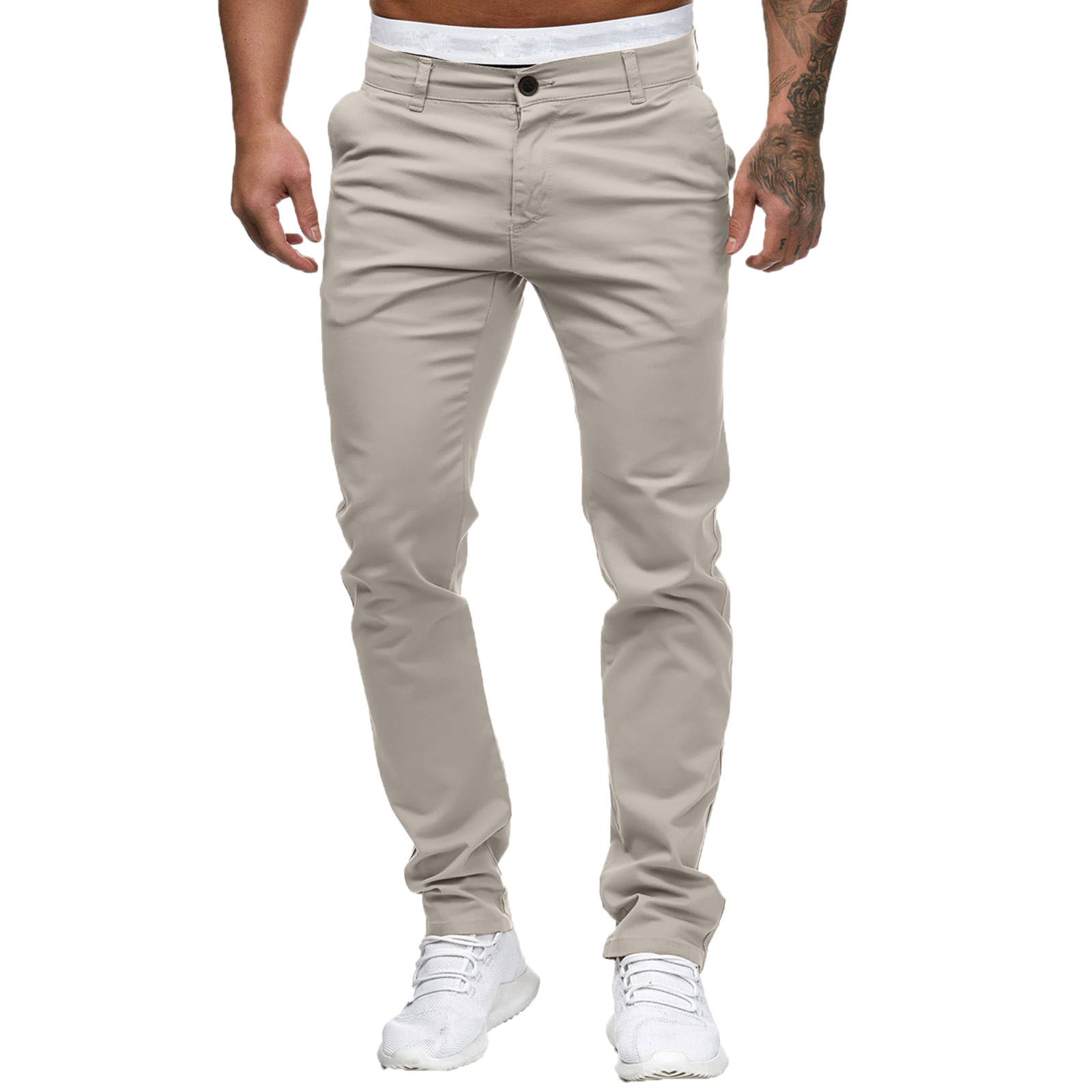 thumbnail image 2 of Pantalones informales lisos de talla grande para hombre, cintura ajustada, botones/bolsillos/cremallera decorativos, algodón, tallas M-XXXL, 2 of 8